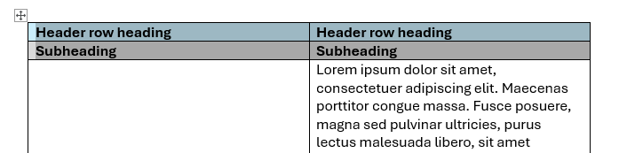 Header row and subheading row selected